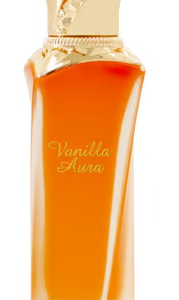 Amber perfume bottle with a gold sculpted cap and Vanilla Aura on the label.