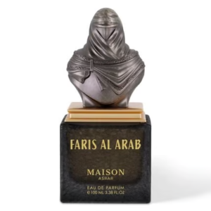 Perfume bottle for Faris Al Arab by Maison Asrar, black square base with gold lettering and a metallic veiled figure on top.